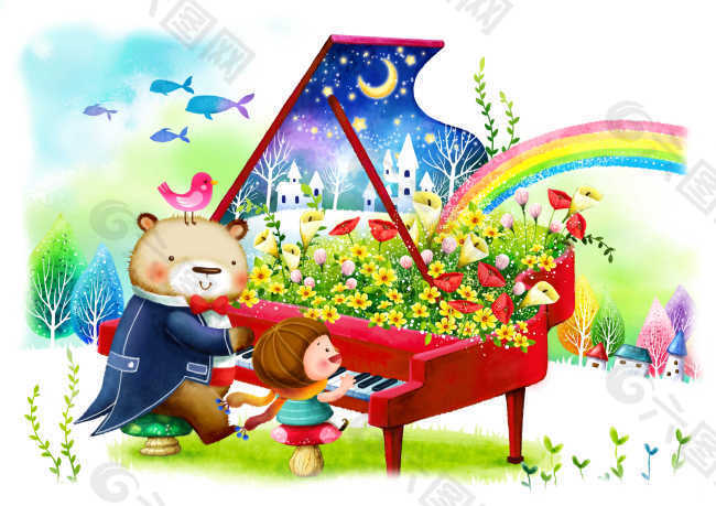 弹钢琴的小孩和小熊