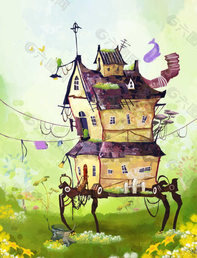 草地上的紫色双层房子