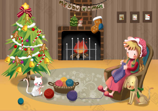 房间内的圣诞树和椅子上的女孩