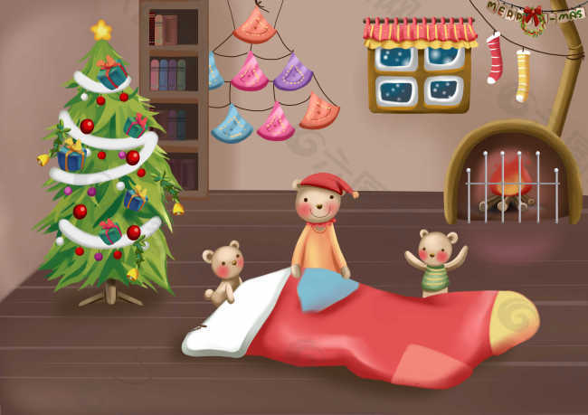 房间地板上的红袜子和圣诞树