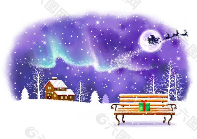紫色背景前雪地上的长椅
