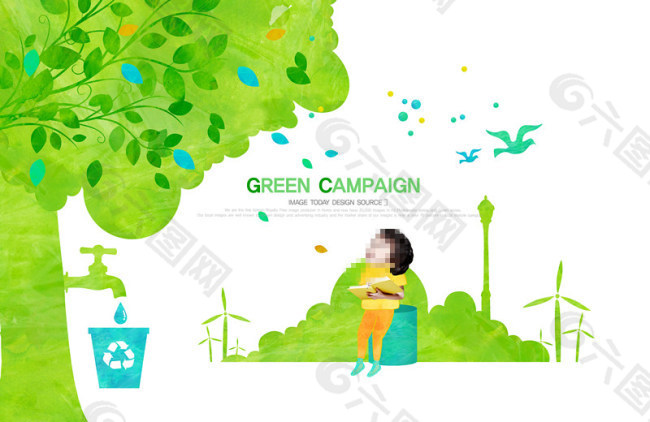 绿色大树和孩子插画