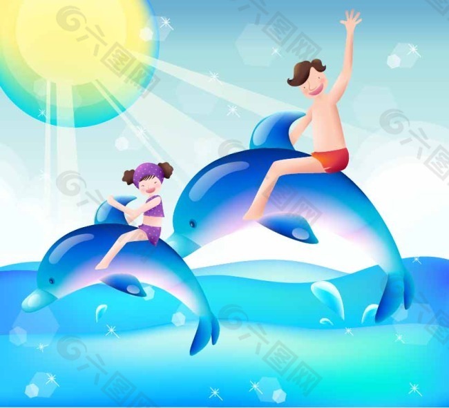 父女游泳海豚卡通矢量图