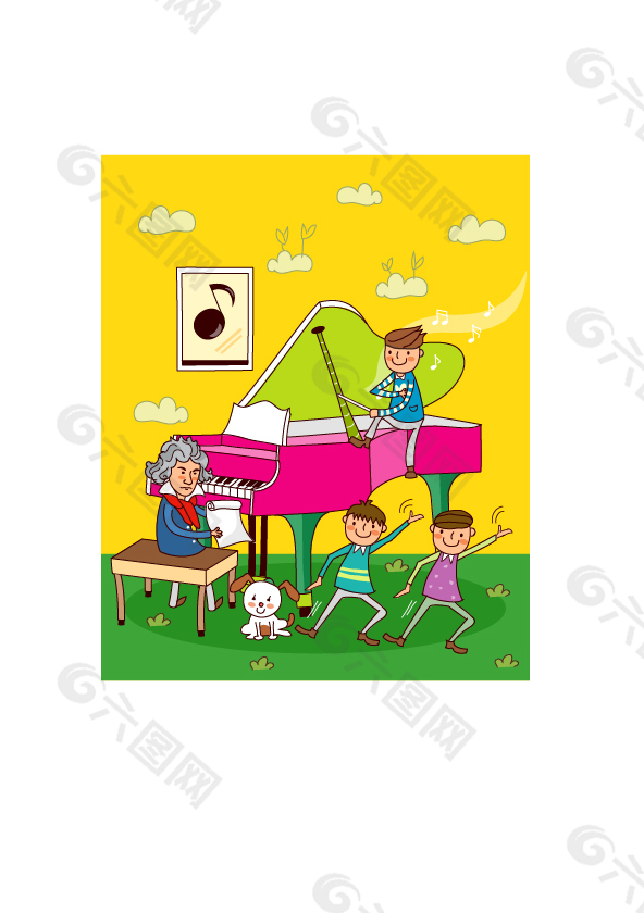 老师教儿童弹钢琴 音乐 黄色背景