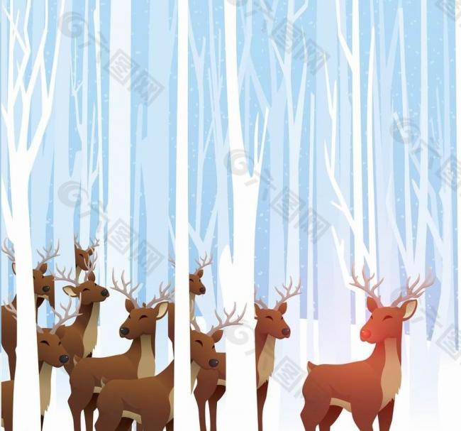 卡通树林小鹿 冬季背景图片
