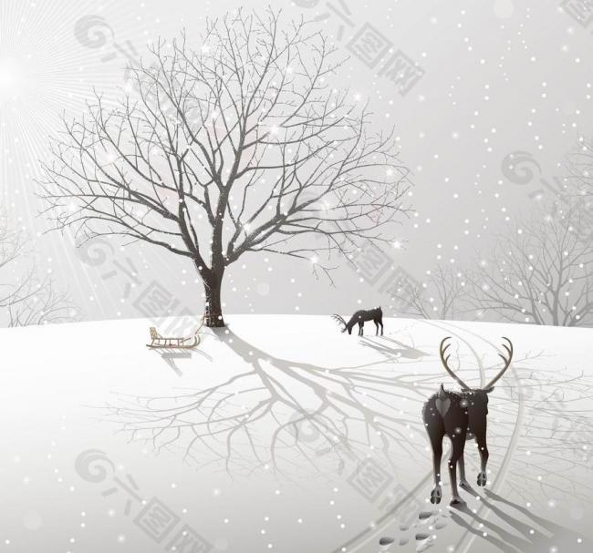 雪地梅花鹿树木 冬季雪景图片