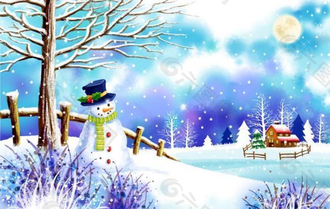韩国彩绘 唯美冬季雪景图片