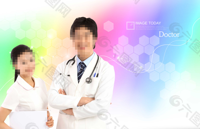 彩色背景前的男医生和护士