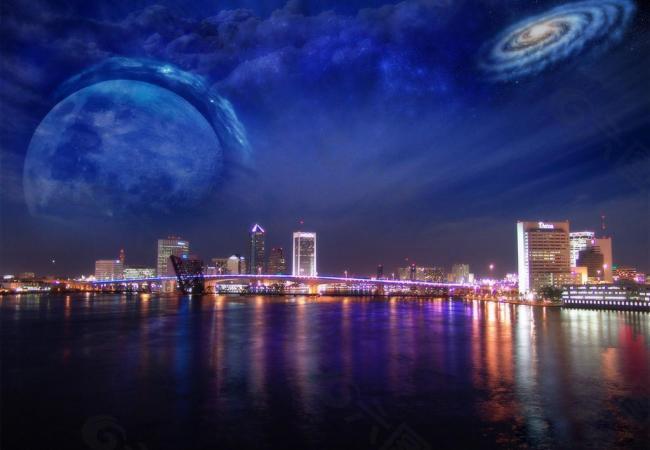 江边城市的夜景图片