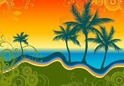 海边椰树剪影与潮流花纹矢量素材图片