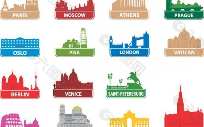 世界著名城市建筑剪影矢量素材图片