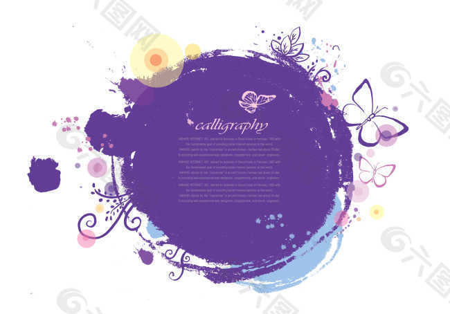 紫色圆形和墨点蝴蝶背景