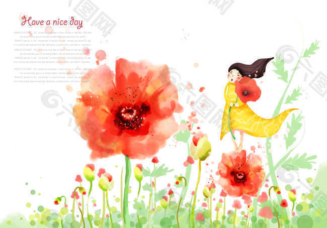 红色花朵和小女孩插画