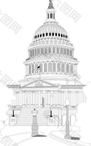 美国白宫线条单色素描图图片