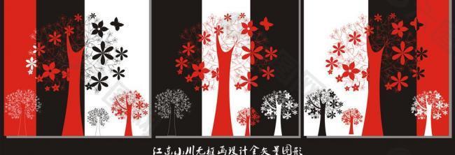 无框画黑白红三色树图片