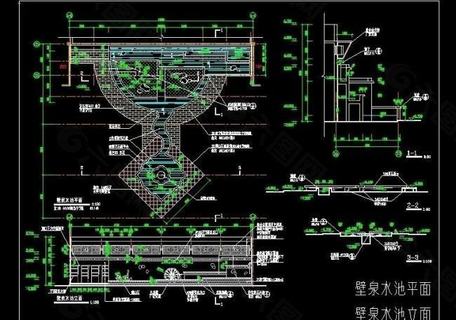 壁泉水池平立剖面图图片