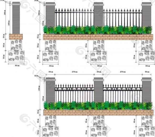 铁艺栏杆围墙示意图（含基础砼柱）图片