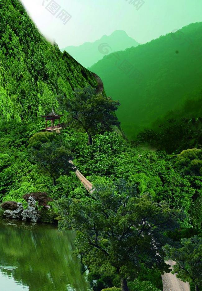 绿色山水微信背景图图片