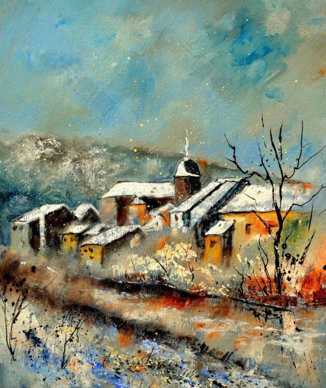 油画 冬天的村庄图片