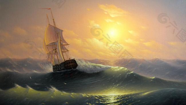 油画 海浪帆船图片