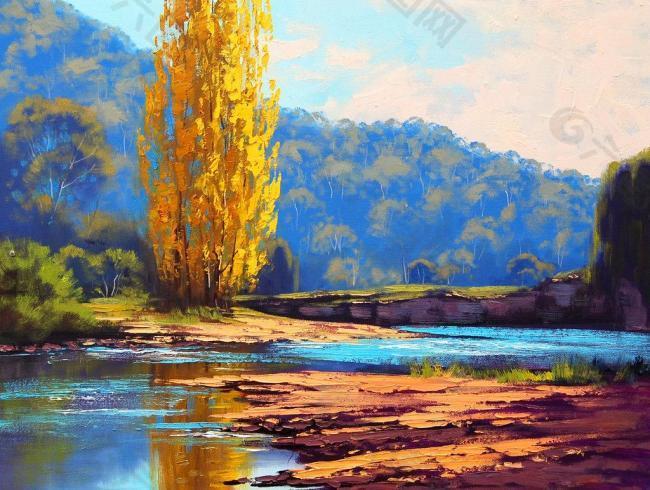 油画 秋天的河流图片