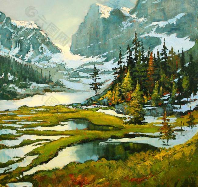油画 雪山河流图片