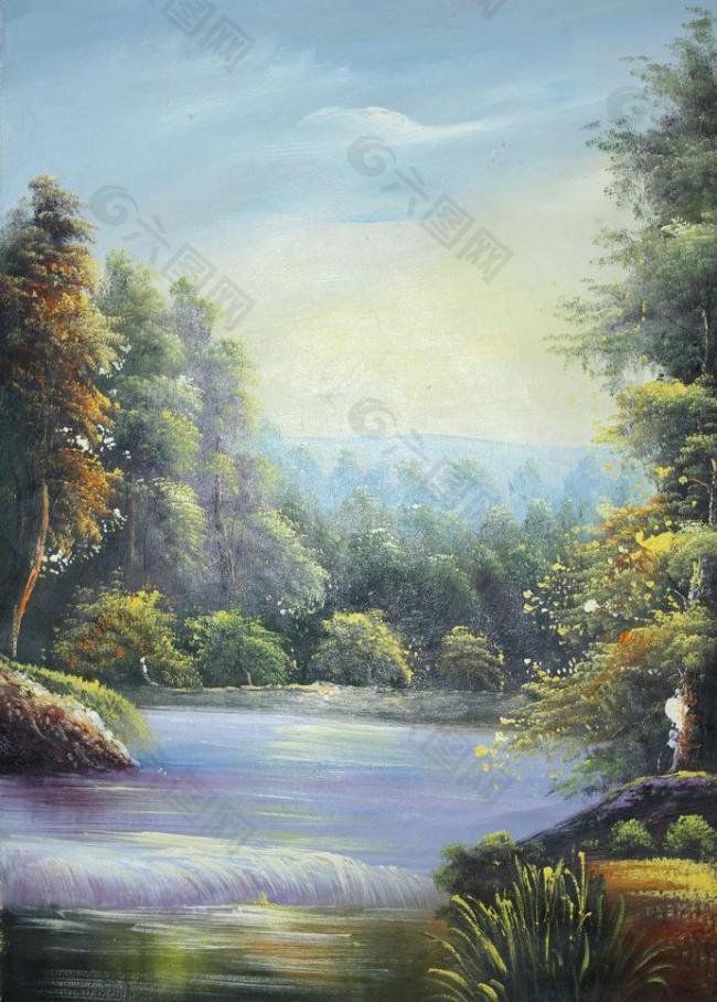 油画秋天的溪水图片