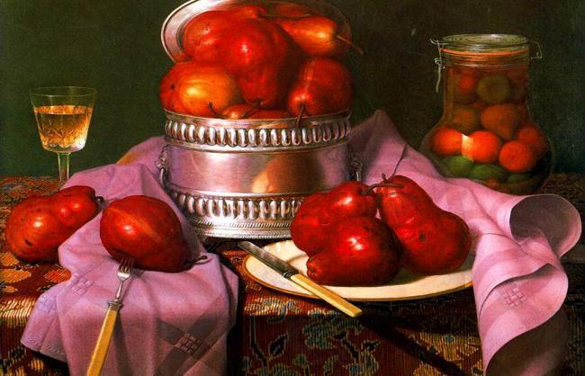 油画 餐桌上的梨子图片