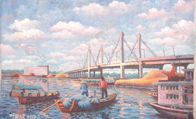 旧渡新桥 原创油画图片