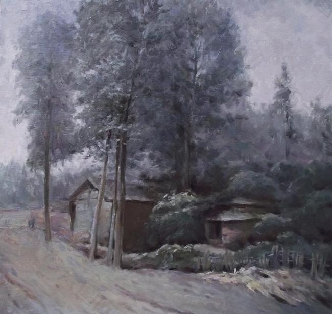 油画《细雨中的川西民居》图片