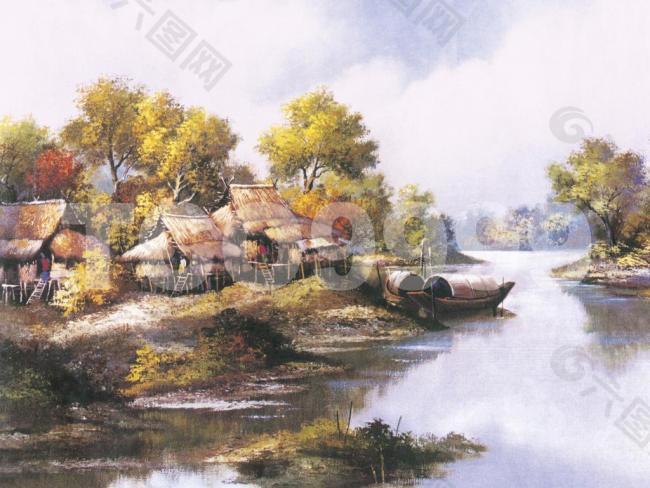 油画 手绘油画 湖边风光(26x21厘米)图片