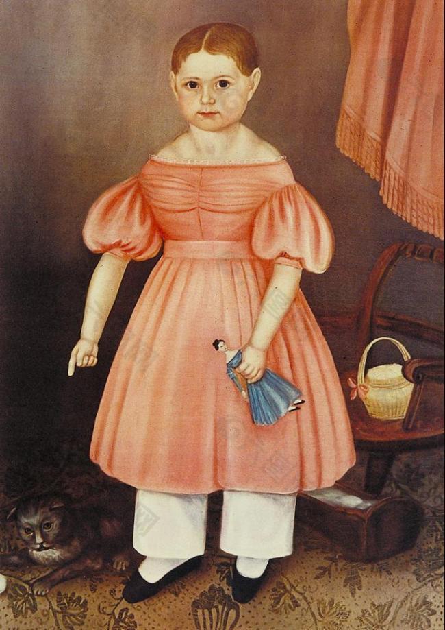 油画指着猫握着布娃娃的小女孩图片