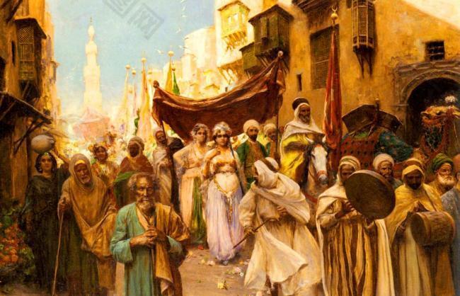 油画 一个婚礼的游行队伍图片