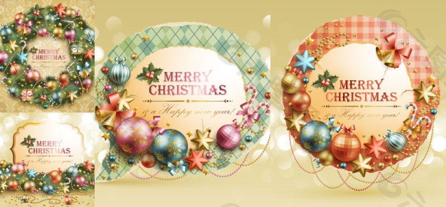 圣诞球与小饰品装饰的卡片矢量素材