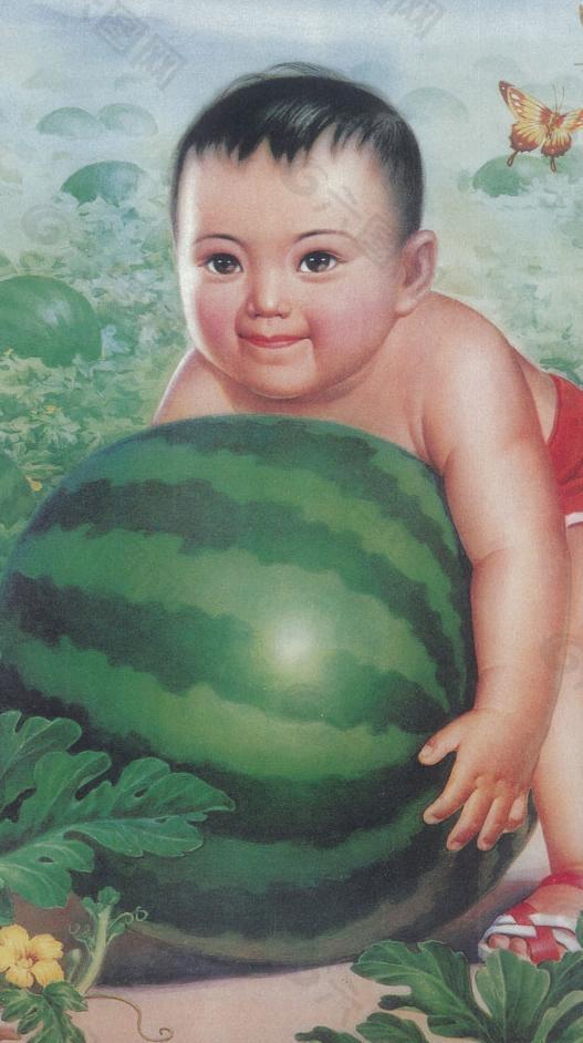 小孩抱西瓜（非高清）图片