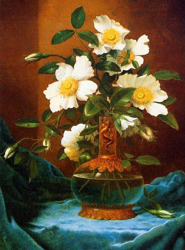 油画 花瓶里的白玫瑰图片