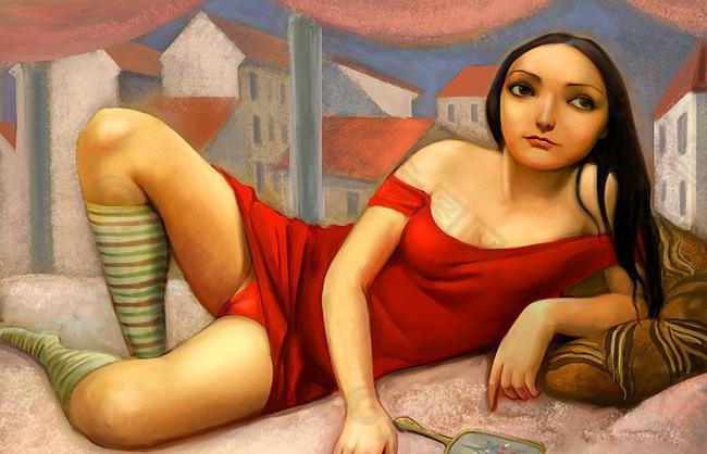 无框画 装饰画 油画 红衣女子图片