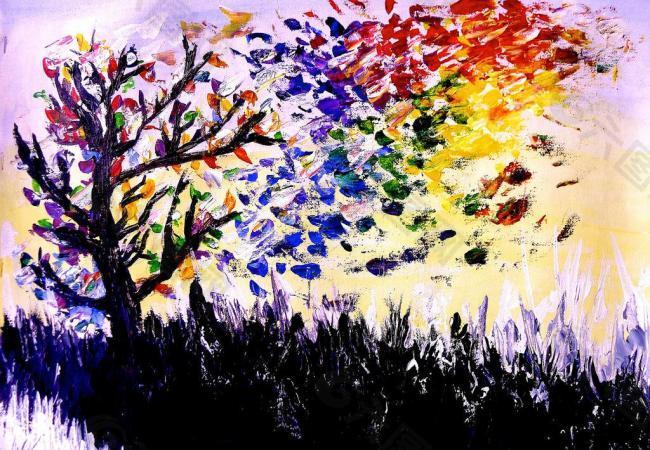 油画 彩色的树图片