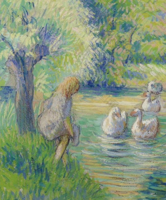 池塘鸭子油画图片