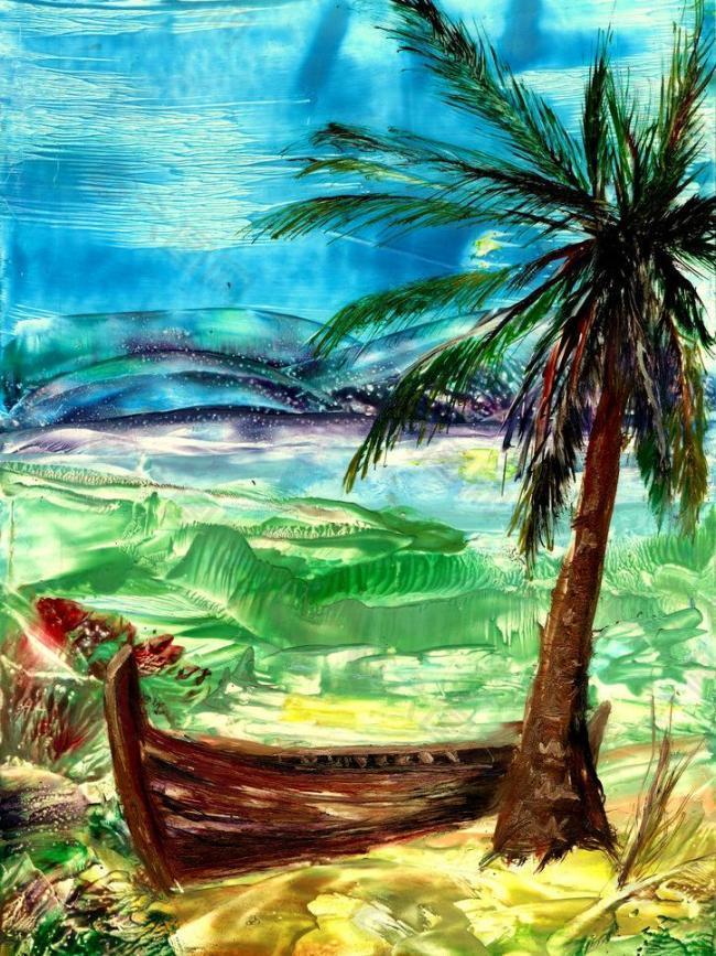 油画 木船椰树图片
