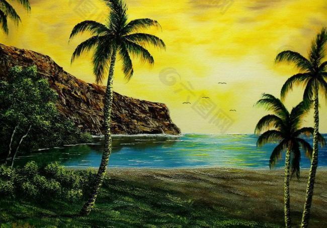 油画 海岸椰树图片