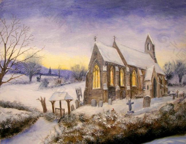 油画 冬天的教堂图片