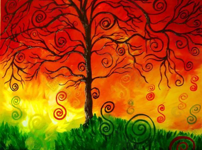 油画 夕阳树木图片