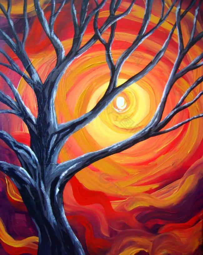 油画 夕阳树影图片
