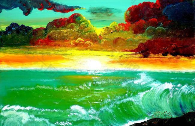 油画 海洋落日图片
