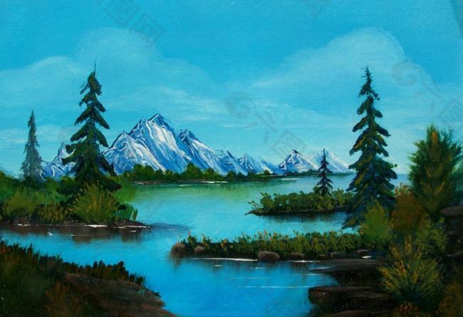 油画 雪山湖泊图片