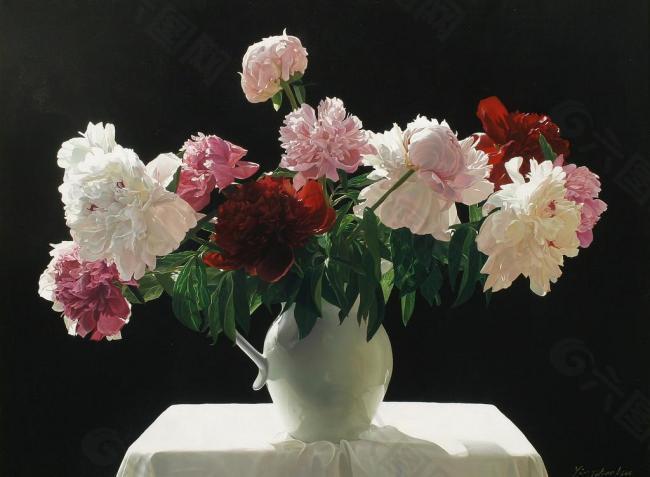 油画插满花的花瓶图片