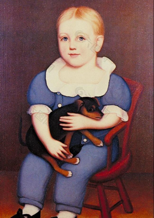 油画抱着小狗的小男孩图片