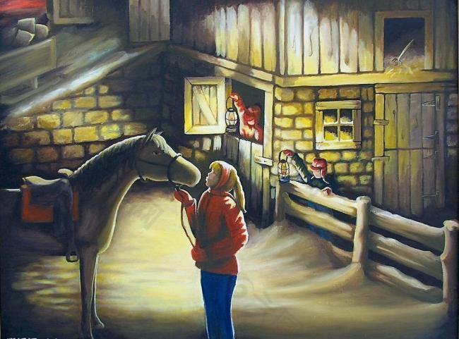 油画 女孩儿与马的亲吻图片