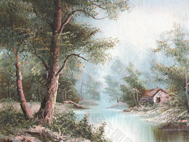 河边小景油画图片